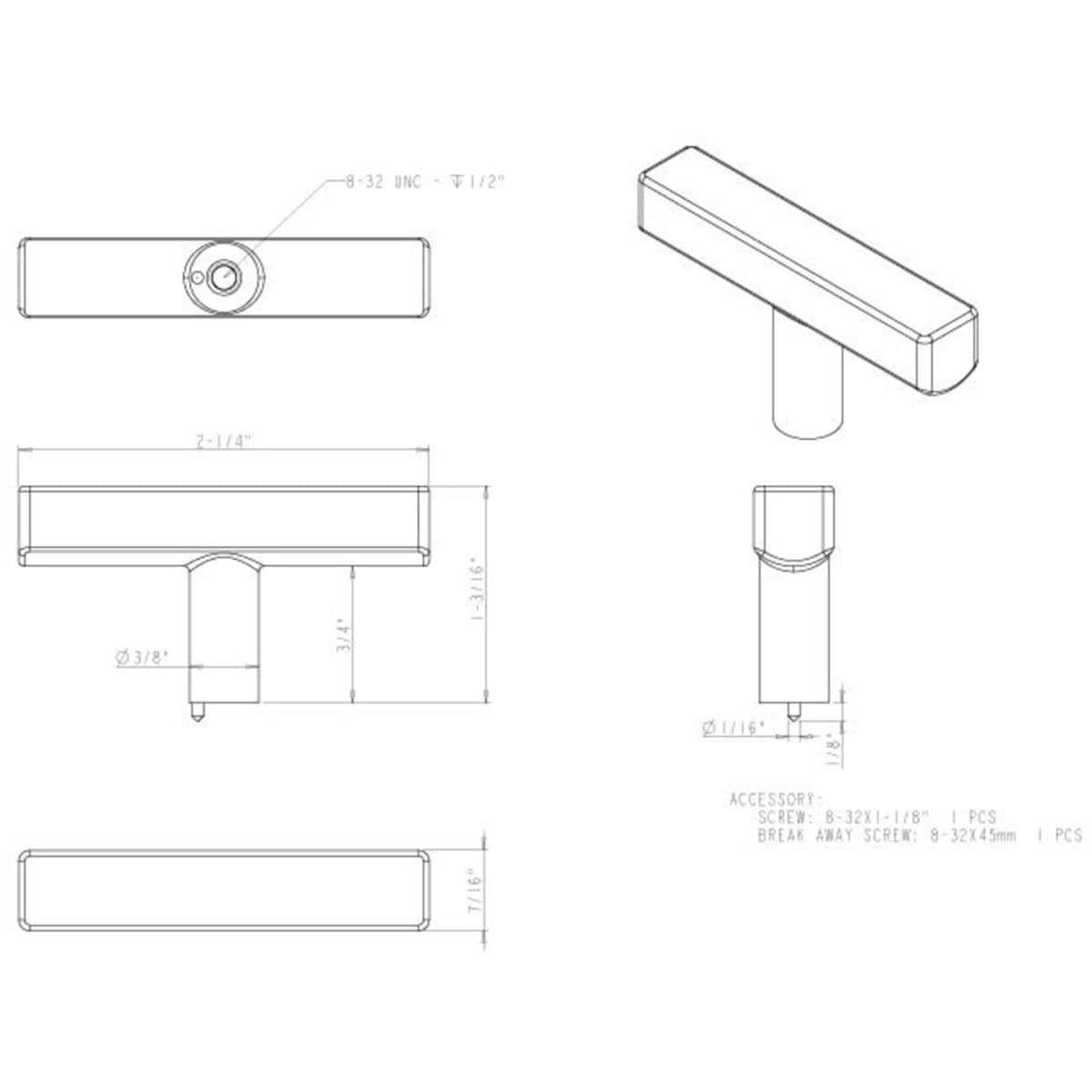 Jeffrey Alexander - 845TL-MB - Dominique 2-1/4 Inch Square "T" Bar Cabinet Knob / Drawer Knob in Matte Black