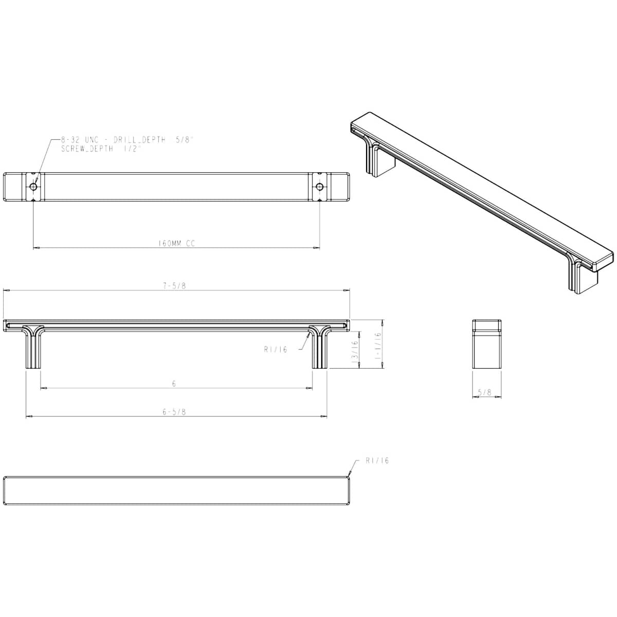 Jeffrey Alexander - 867-160SN - Anwick 6-5/16" (160mm) Center to Center Flat Square Bar Cabinet Handle / Drawer Pull in Satin Nickel