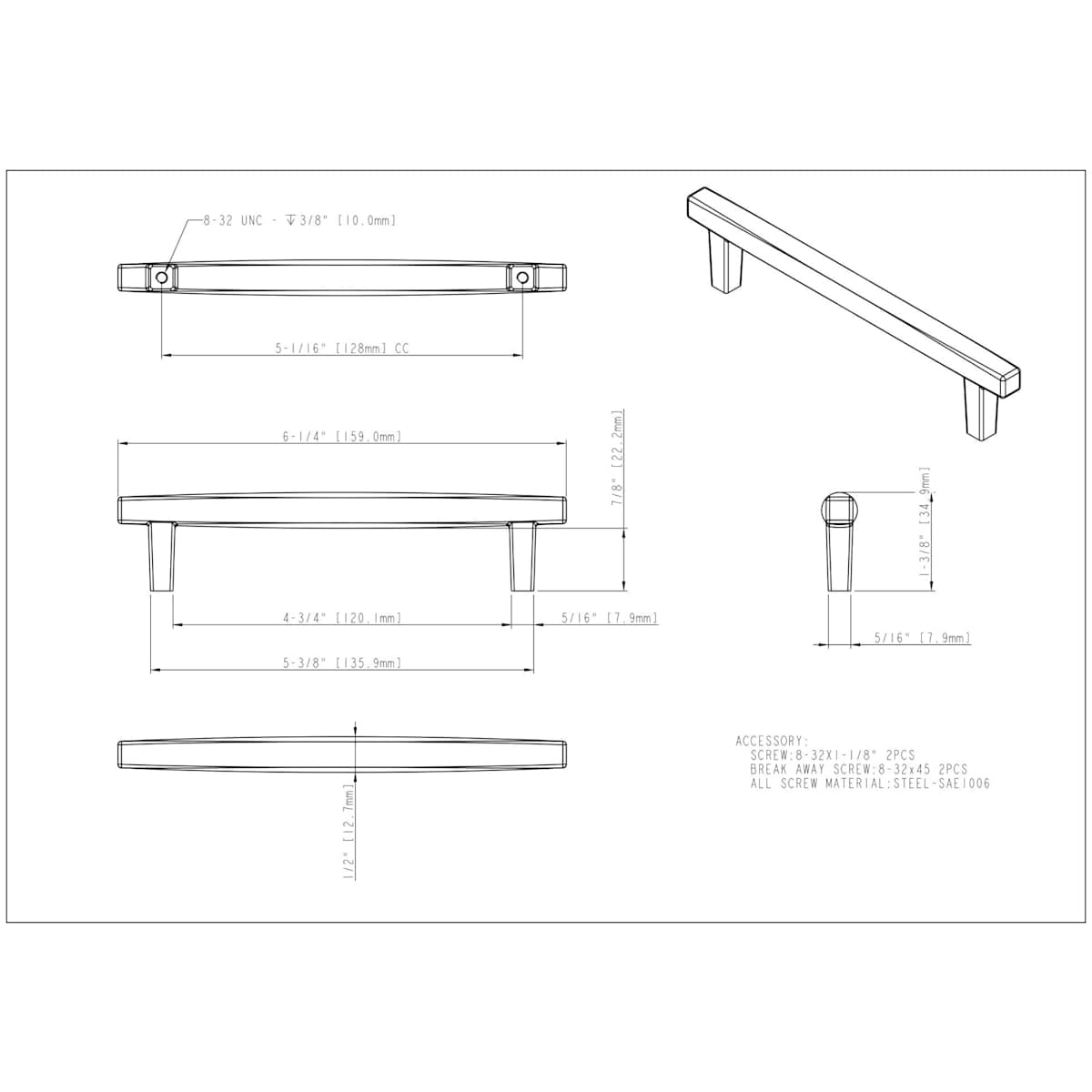 Jeffrey Alexander - 905-128SN - Whitlock 5-1/16" Center to Center Contemporary Square Bar Cabinet Handle / Drawer Pull in Satin Nickel