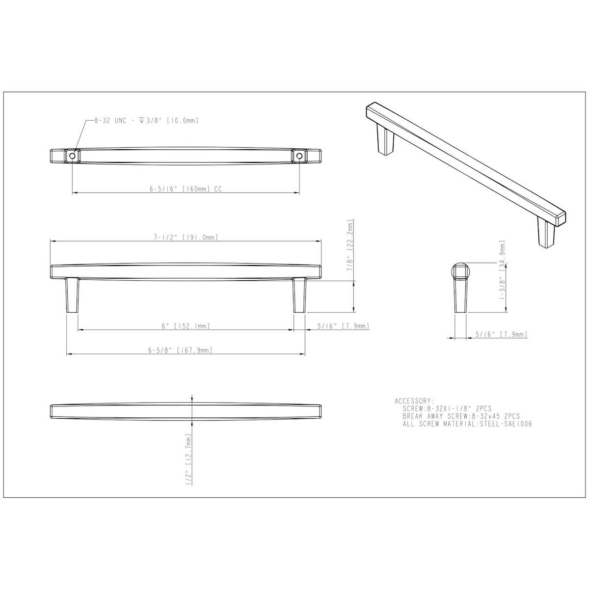 Jeffrey Alexander - 905-160MB - Whitlock 6-5/16" Center to Center Contemporary Square Bar Cabinet Handle / Drawer Pull in Matte Black