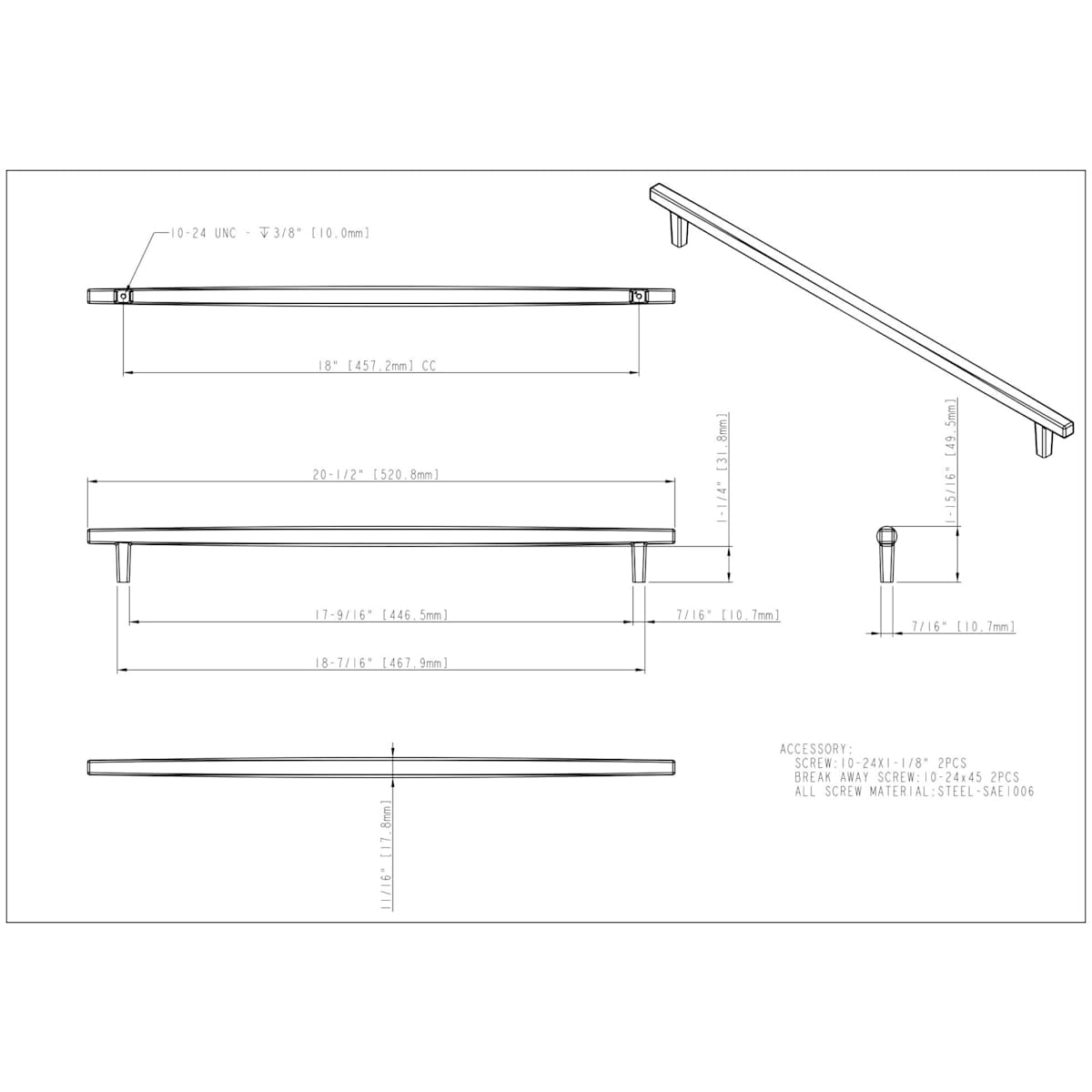 Jeffrey Alexander - 905-18MB - Whitlock 18" Center to Center Contemporary Square Bar Appliance Handle / Pull in Matte Black