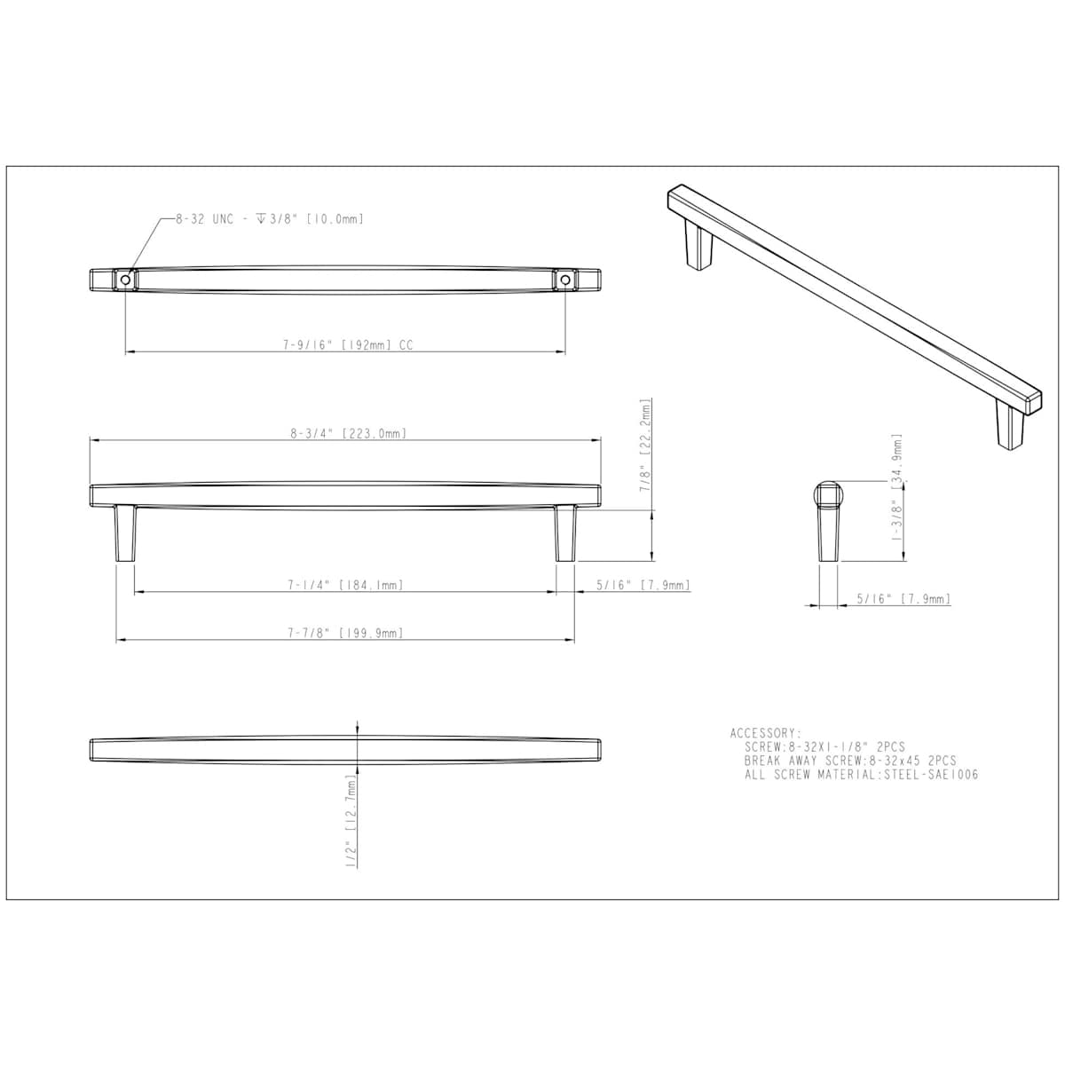 Jeffrey Alexander - 905-192SBZ - Whitlock 7-9/16" Center to Center Contemporary Square Bar Cabinet Handle / Drawer Pull in Satin Bronze