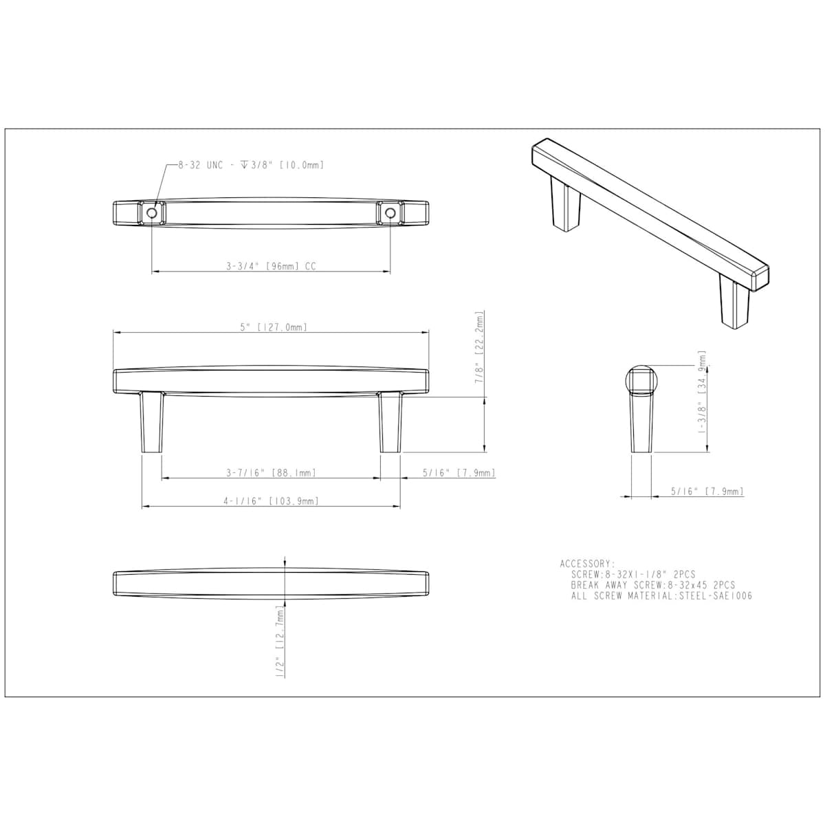 Jeffrey Alexander - 905-96PC - Whitlock 3-3/4" Center to Center Contemporary Square Bar Cabinet Handle / Drawer Pull in Polished Chrome