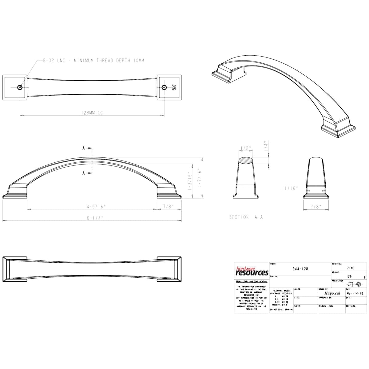 Jeffrey Alexander - 944-128NI - Roman 5-1/16" (128mm) Center to Center Thick Arch Cabinet Handle / Drawer Pull in Polished Nickel