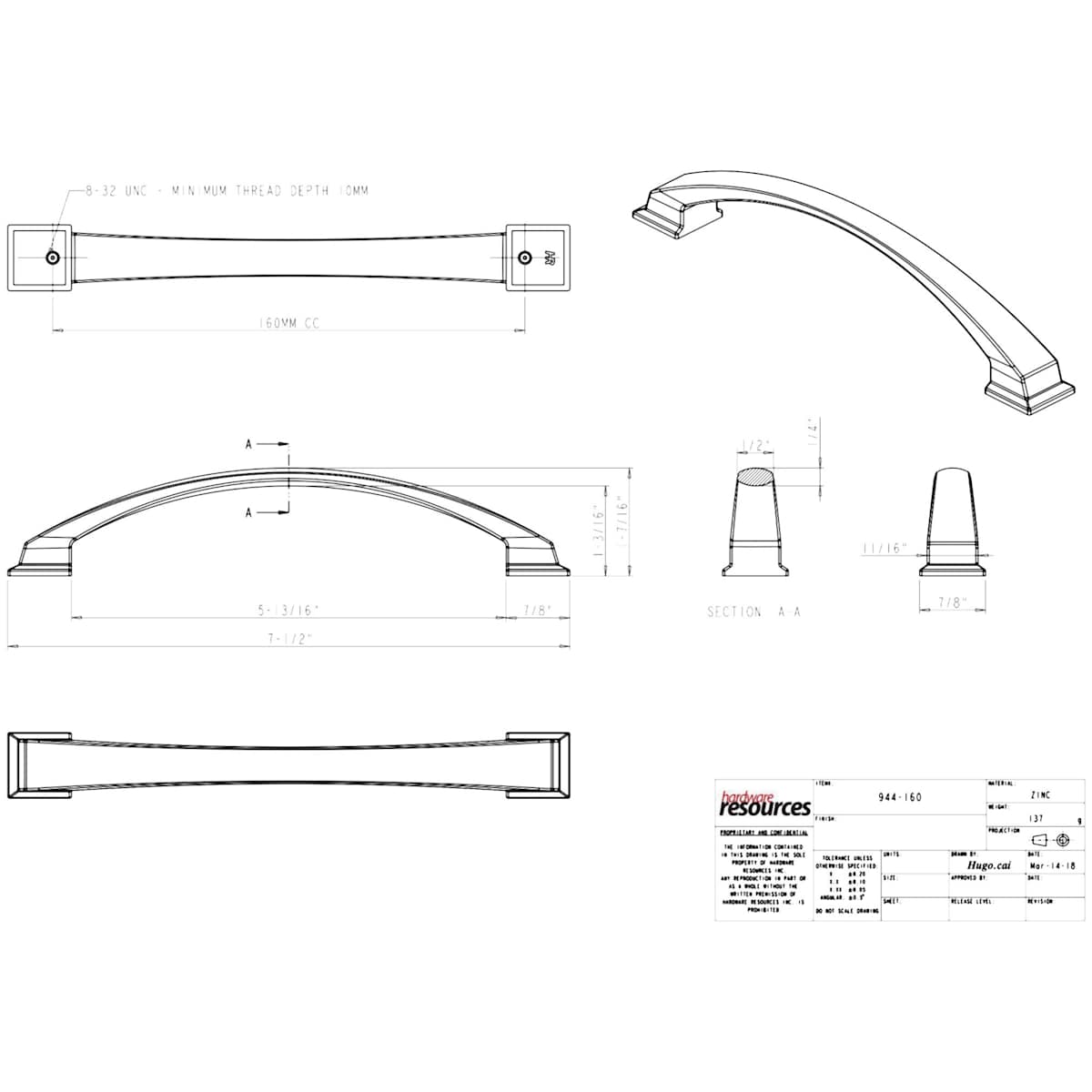 Jeffrey Alexander - 944-160BNBDL - Roman 6-5/16" Center to Center Arch Bow Contemporary Cabinet Handle / Drawer Pull in Brushed Pewter