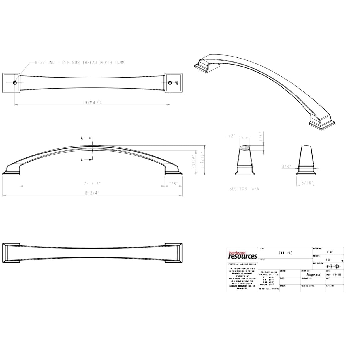 Jeffrey Alexander - 944-192SN - Roman 7-9/16" Center to Center Arch Bow Compliant Cabinet Handle / Drawer Pull in Satin Nickel