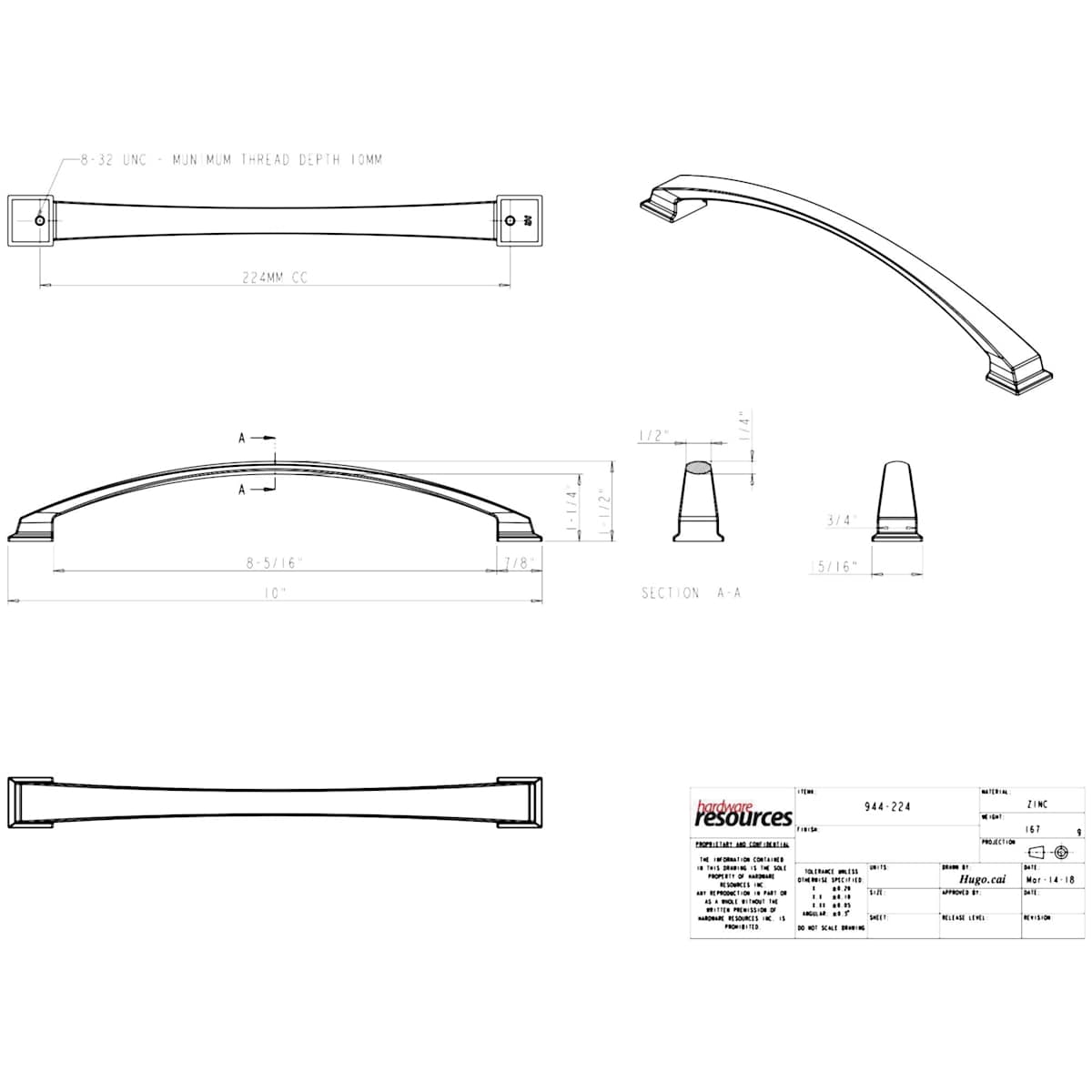 Jeffrey Alexander - 944-224PC - Roman 8-13/16" Center to Center Contemporary Arch Bow Cabinet Handle / Drawer Pull in Polished Chrome