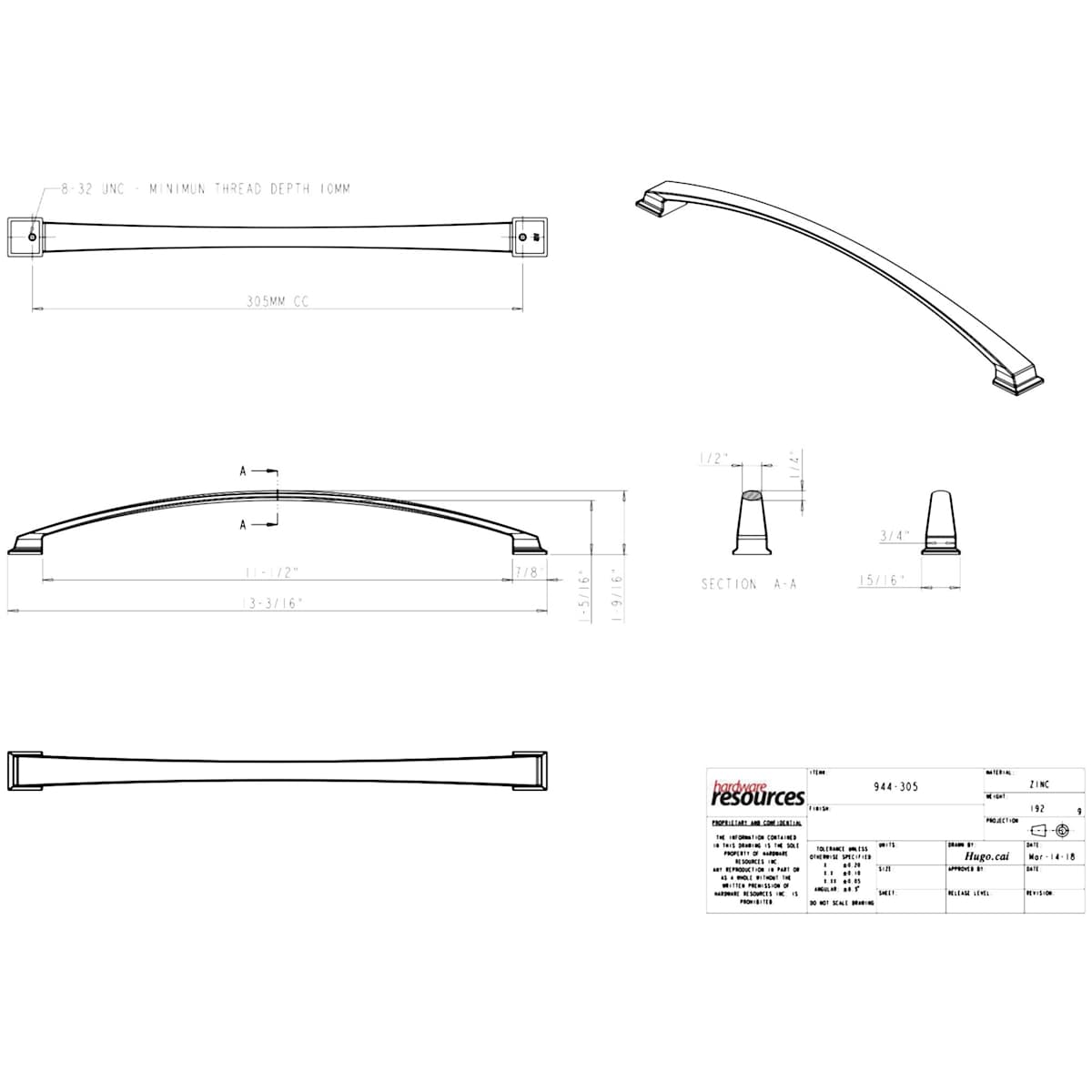 Jeffrey Alexander - 944-305NI - Roman 12" Center to Center Large Oversized Arch Bow Cabinet Handle / Drawer Pull in Polished Nickel