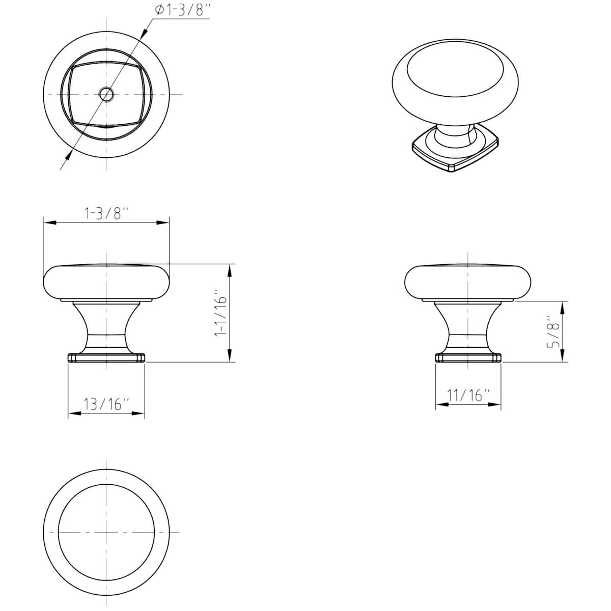 Jeffrey Alexander - MO6303NI - Belcastel 1 - 1-3/8" Traditional Classic Round Mushroom Cabinet Knob with Square Platform Base in Polished Nickel