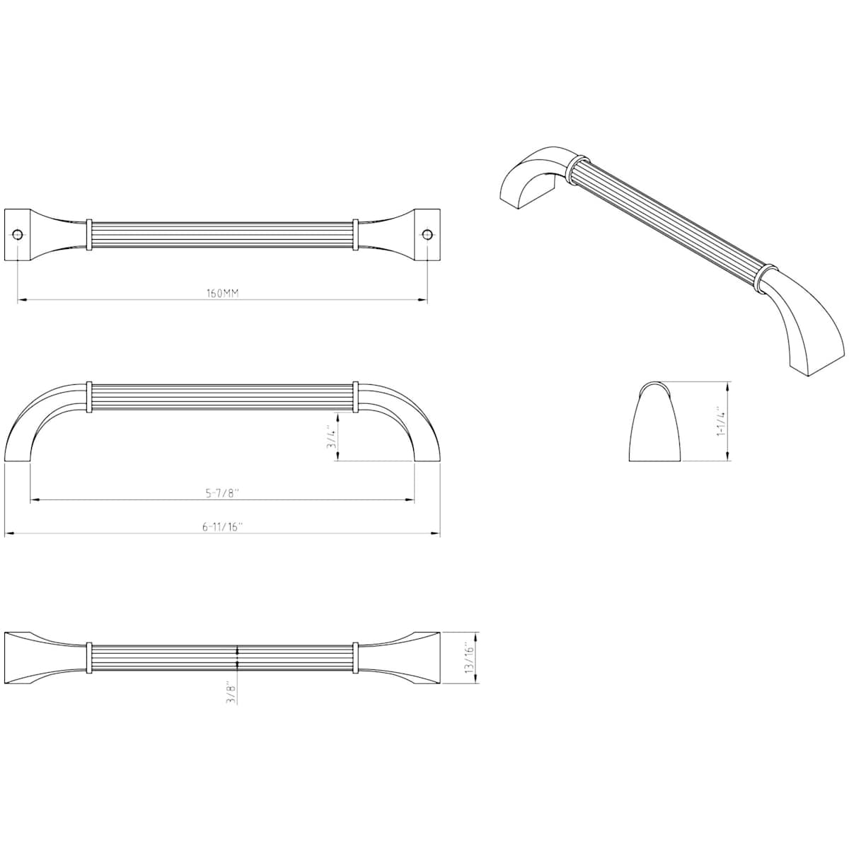 Jeffrey Alexander - Z281-160SN - Cordova 6-5/16" Center to Center American Colonial Reeded Cabinet Handle / Drawer Pull in Satin Nickel