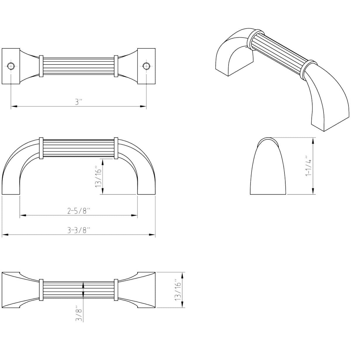 Jeffrey Alexander - Z281-SN - Cordova 3" Center to Center American Colonial Reeded Cabinet Handle / Drawer Pull in Satin Nickel
