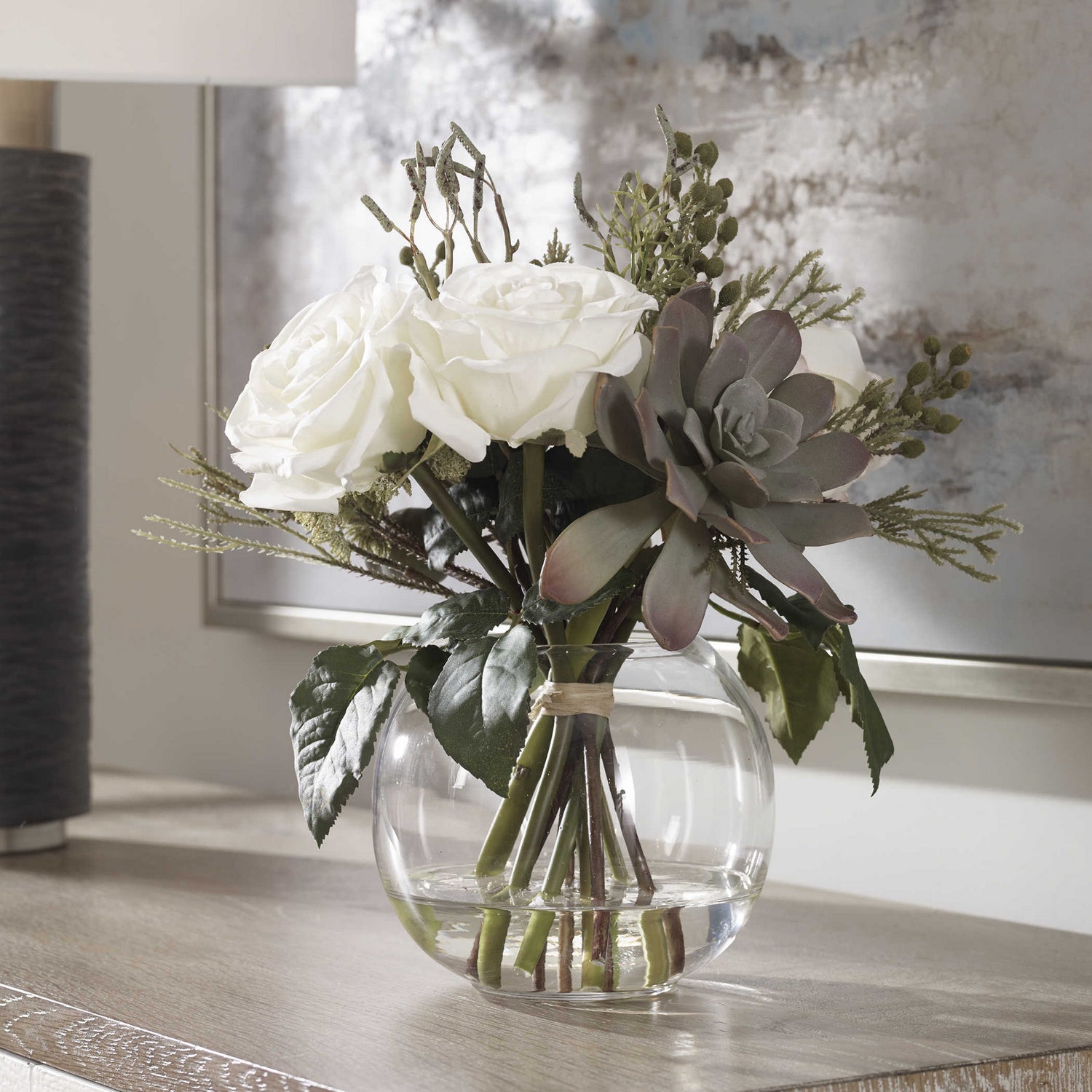 Uttermost - 60182 - Floral Bouquet & Vase - Belmonte - Berries, Greenery, Seed Pods, Succulents And Cream Roses In A Clear