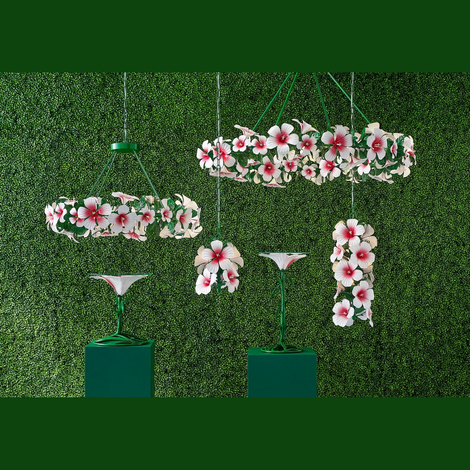 Currey and Company - 9000-0657 - Three Light Chandelier - Hibiscus Collection - Glossy White/Pink/Green