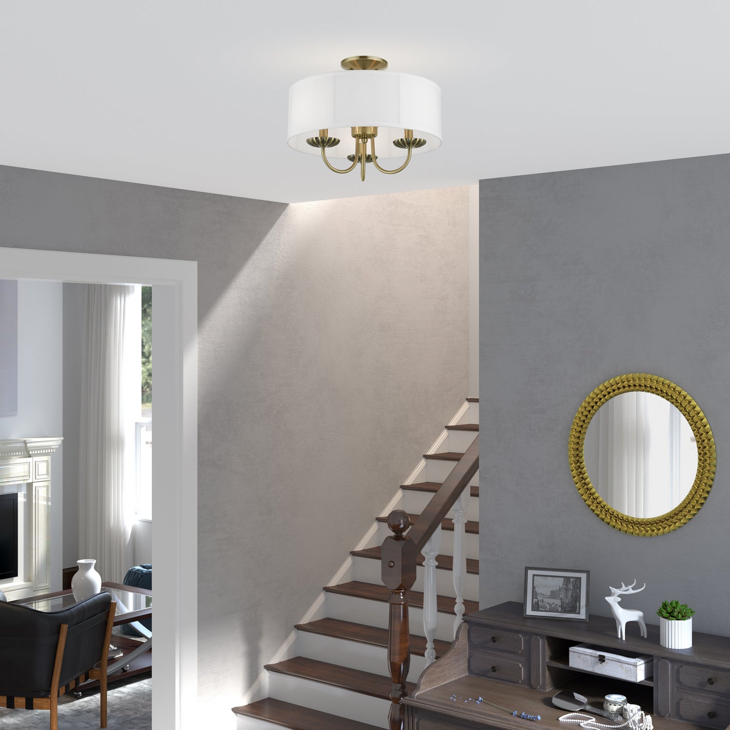 Livex Lighting - 42989-01 - Three Light Semi-Flush Mount - Brookdale - Antique Brass