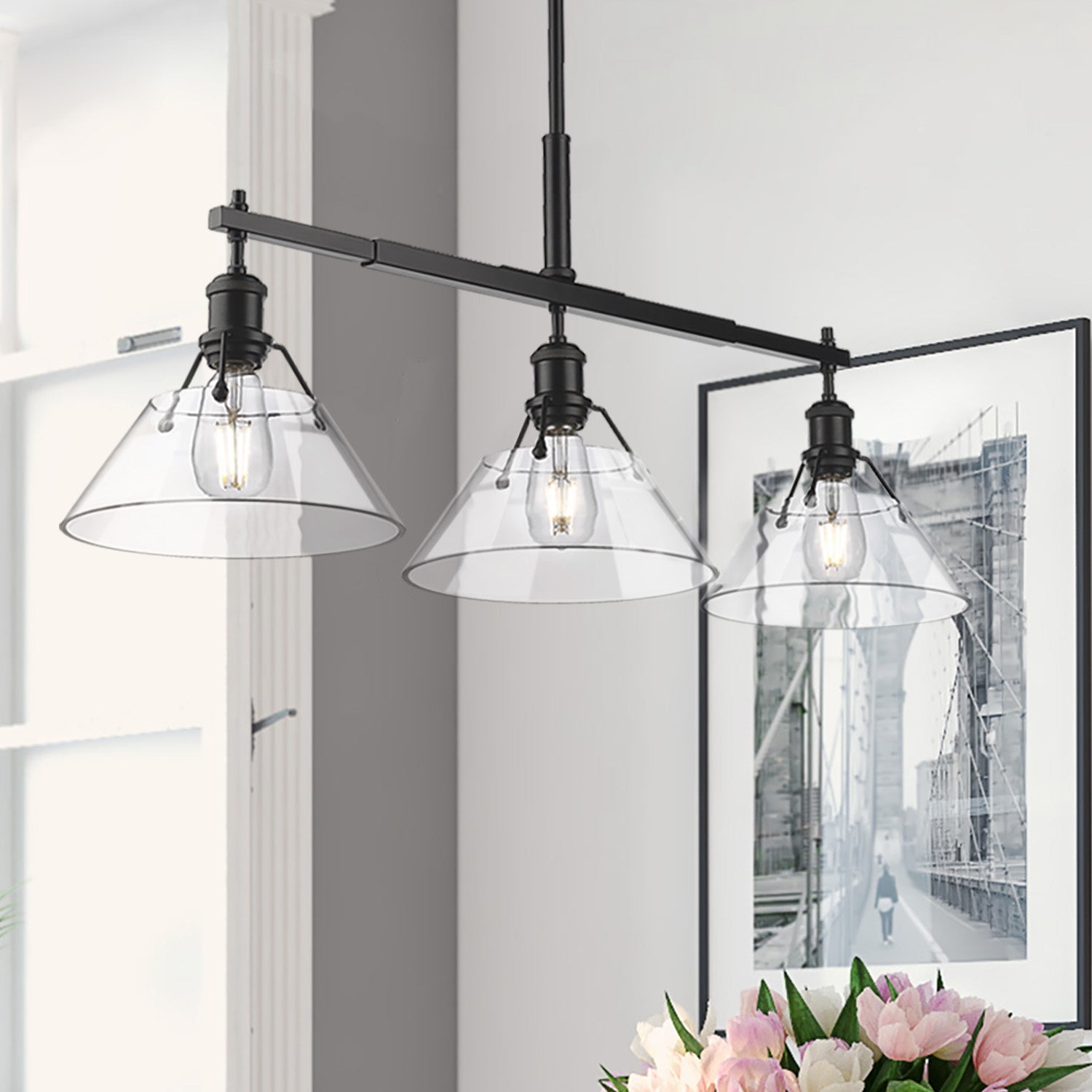 Golden - 3306-LP BLK-CLR - Three Light Linear Pendant - Orwell - Matte Black