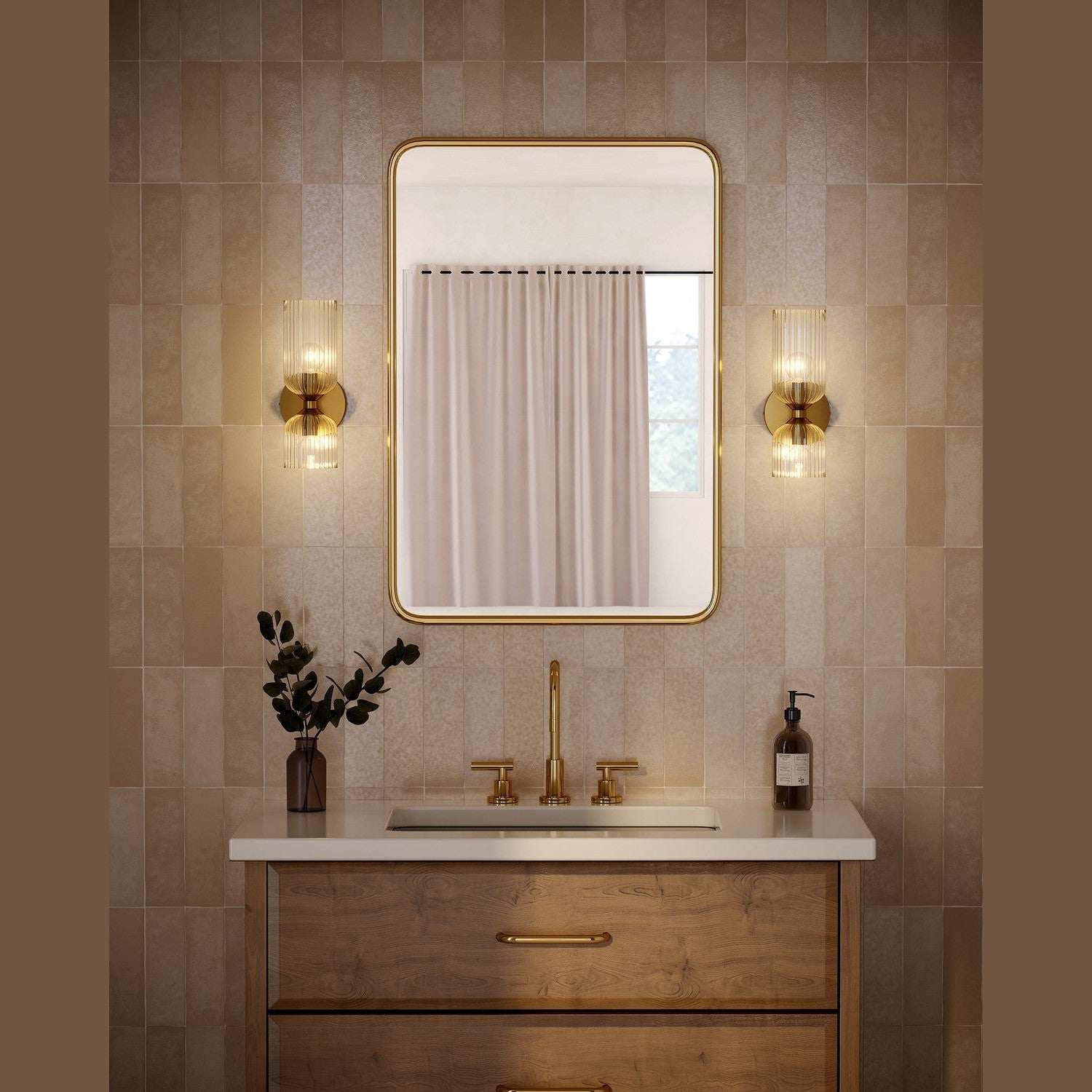 Alora - WV442612BGCR - Two Light Vanity - Nelly - Brushed Gold/Clear Ribbed Glass