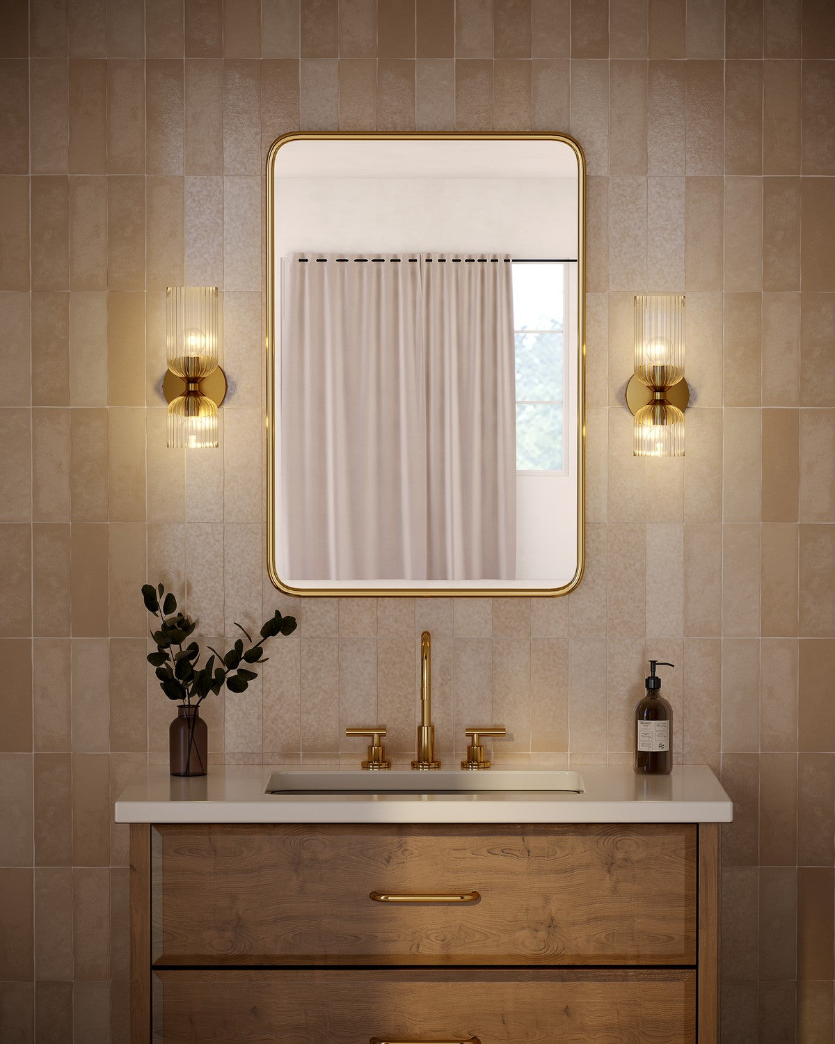 Alora - WV442612BGCR - Two Light Vanity - Nelly - Brushed Gold/Clear Ribbed Glass
