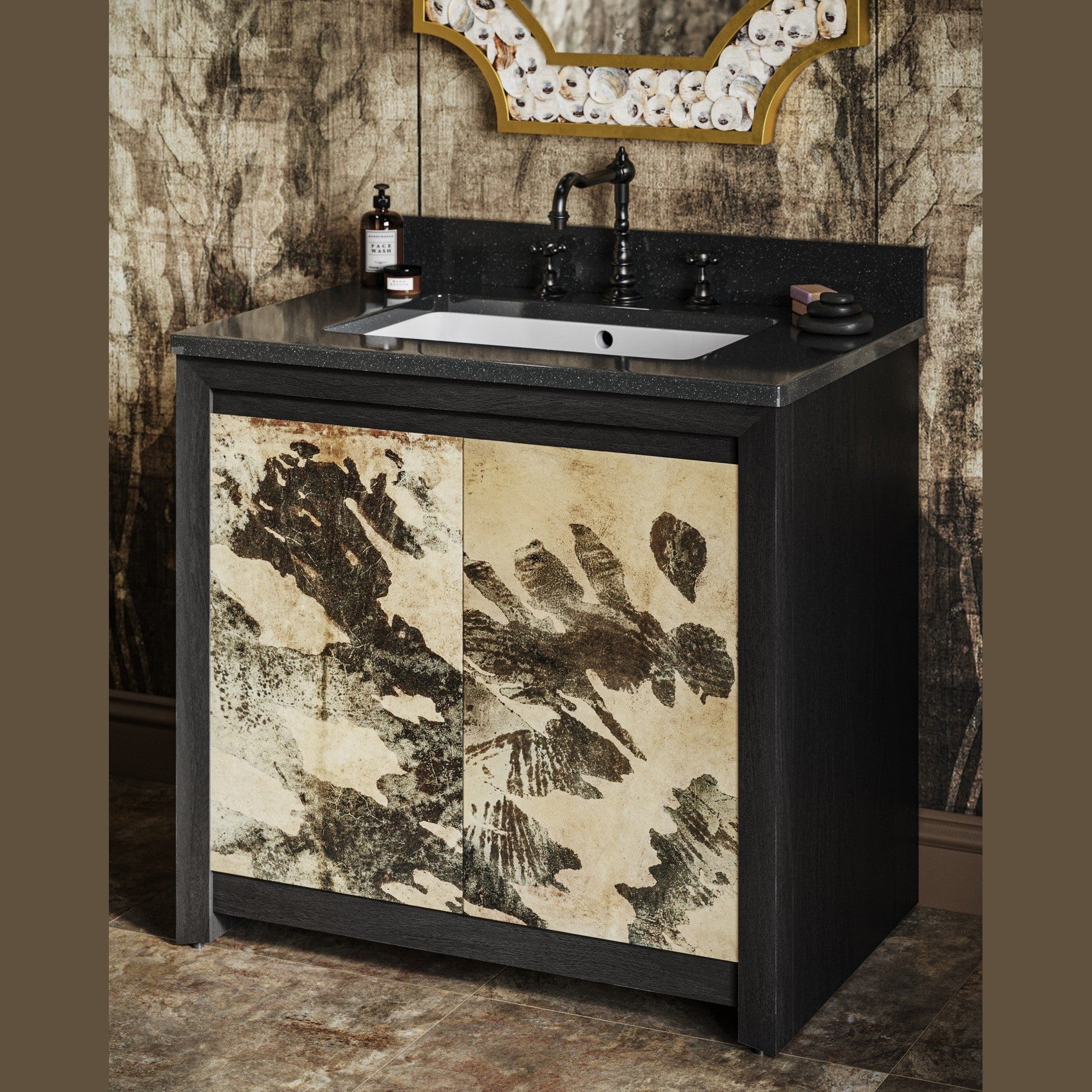 Currey and Company - 3800-0014 - 36" Vanity with Rectangular Undermount Sink - Karlson - Stained Vellum / Caviar Black & Faux Bone / Black / White