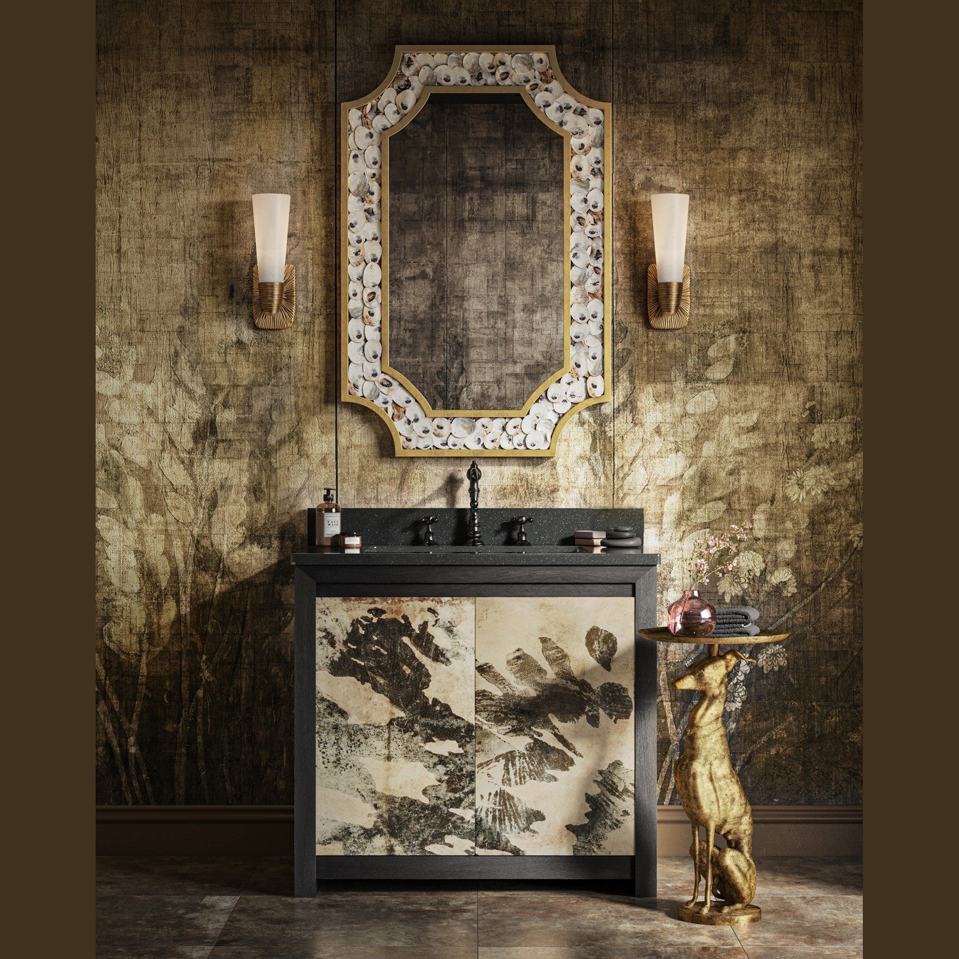Currey and Company - 3800-0014 - 36" Vanity with Rectangular Undermount Sink - Karlson - Stained Vellum / Caviar Black & Faux Bone / Black / White