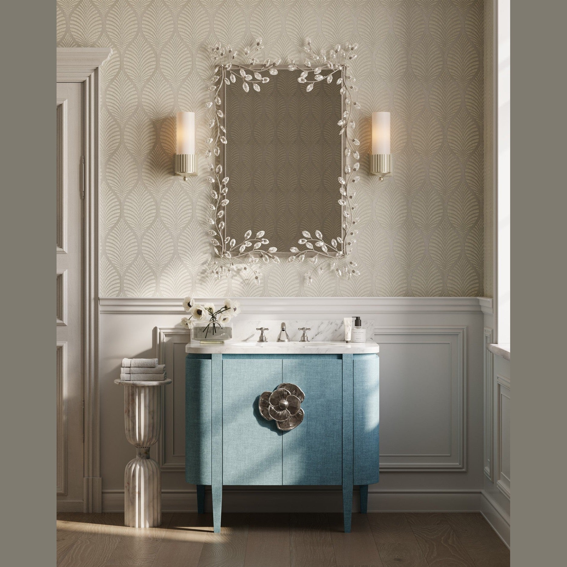 Currey and Company - 3800-0015 - 36" Vanity with Oval Undermount Sink - Briallen - Laquered Blue Linen / Natural / White / Polished Nickel