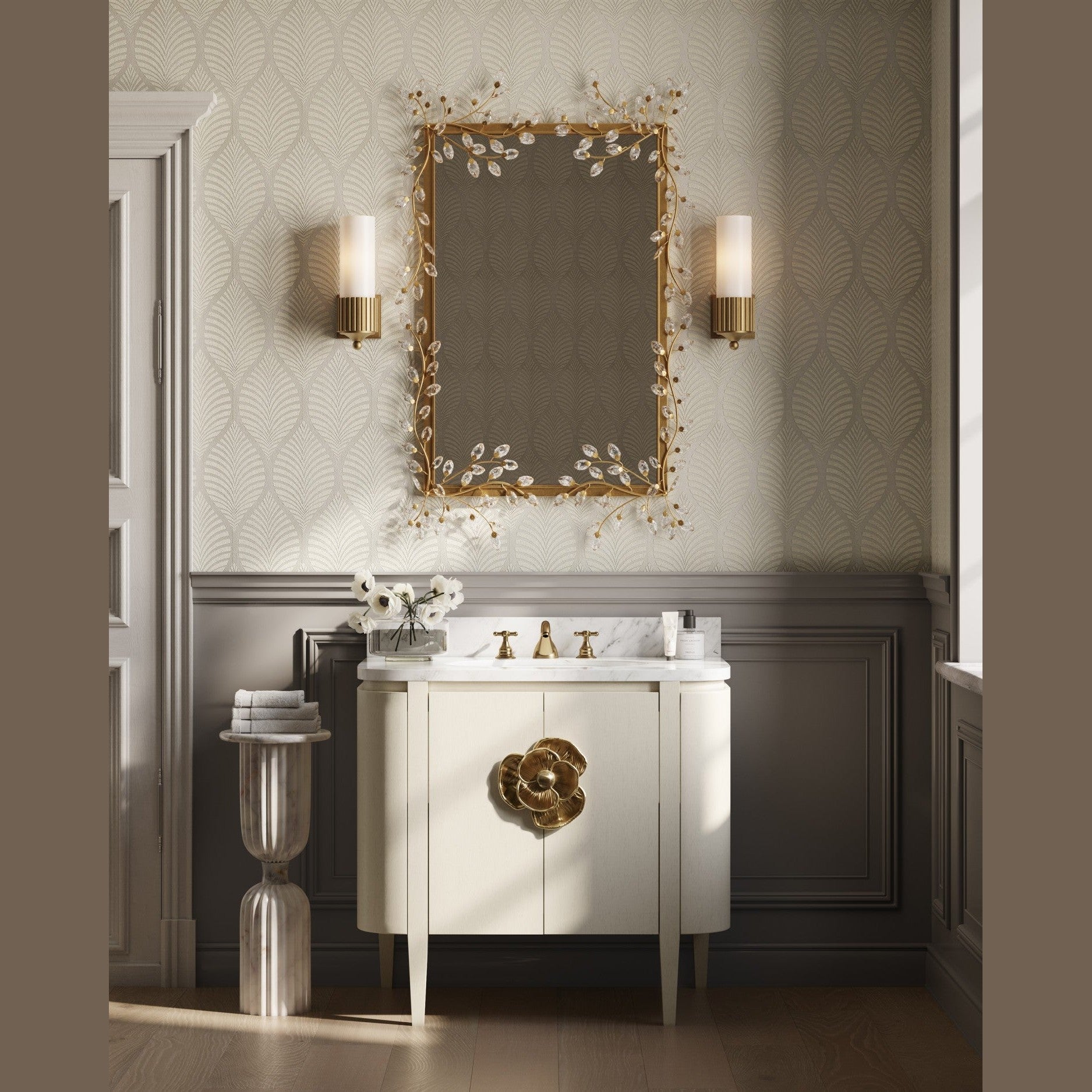 Currey and Company - 3800-0016 - 36" Vanity with Oval Undermount Sink - Briallen - Cerused White / Natural / White / Polished Brass