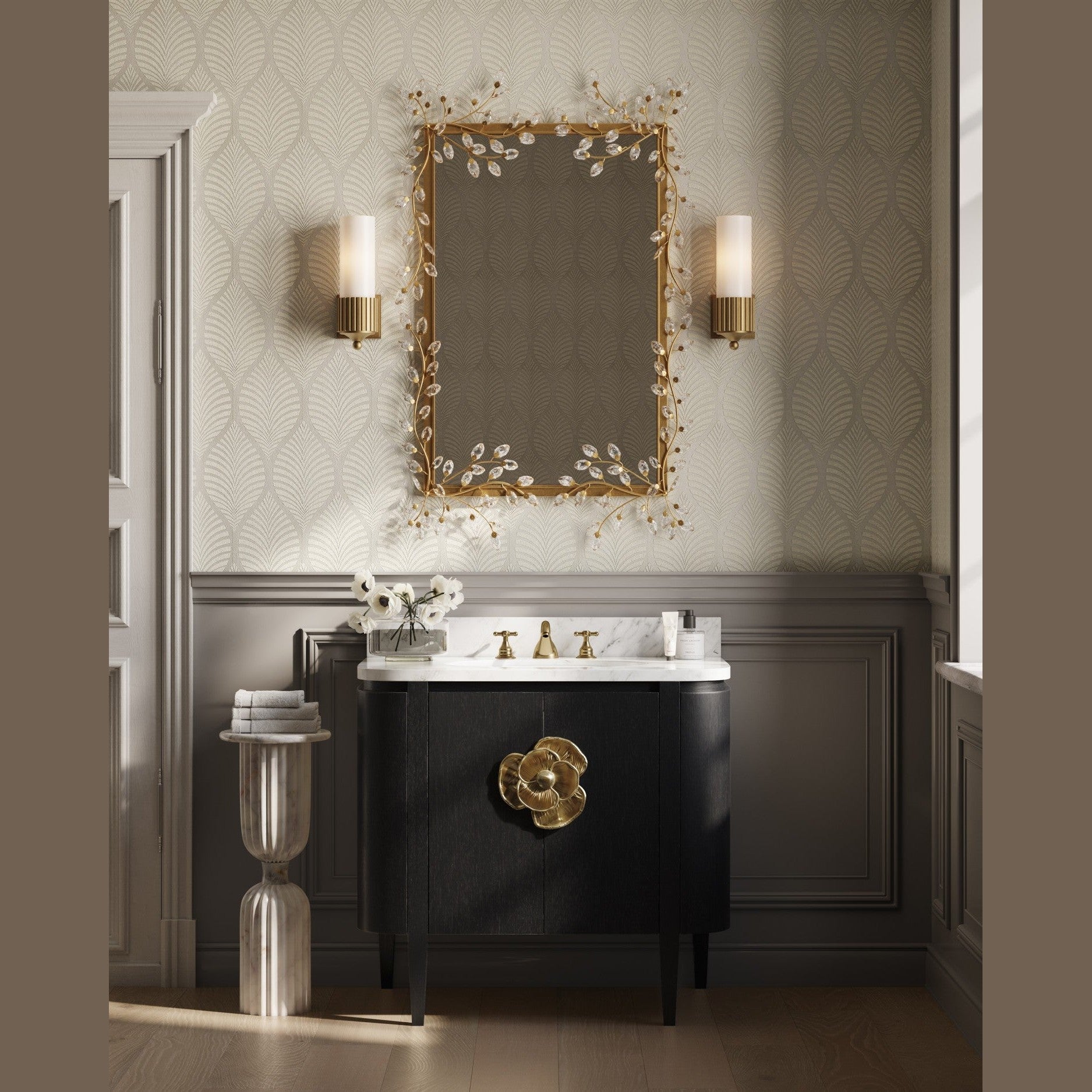 Currey and Company - 3800-0017 - 36" Vanity with Oval Undermount Sink - Briallen - Caviar Black / Natural / White / Light Antique Brass