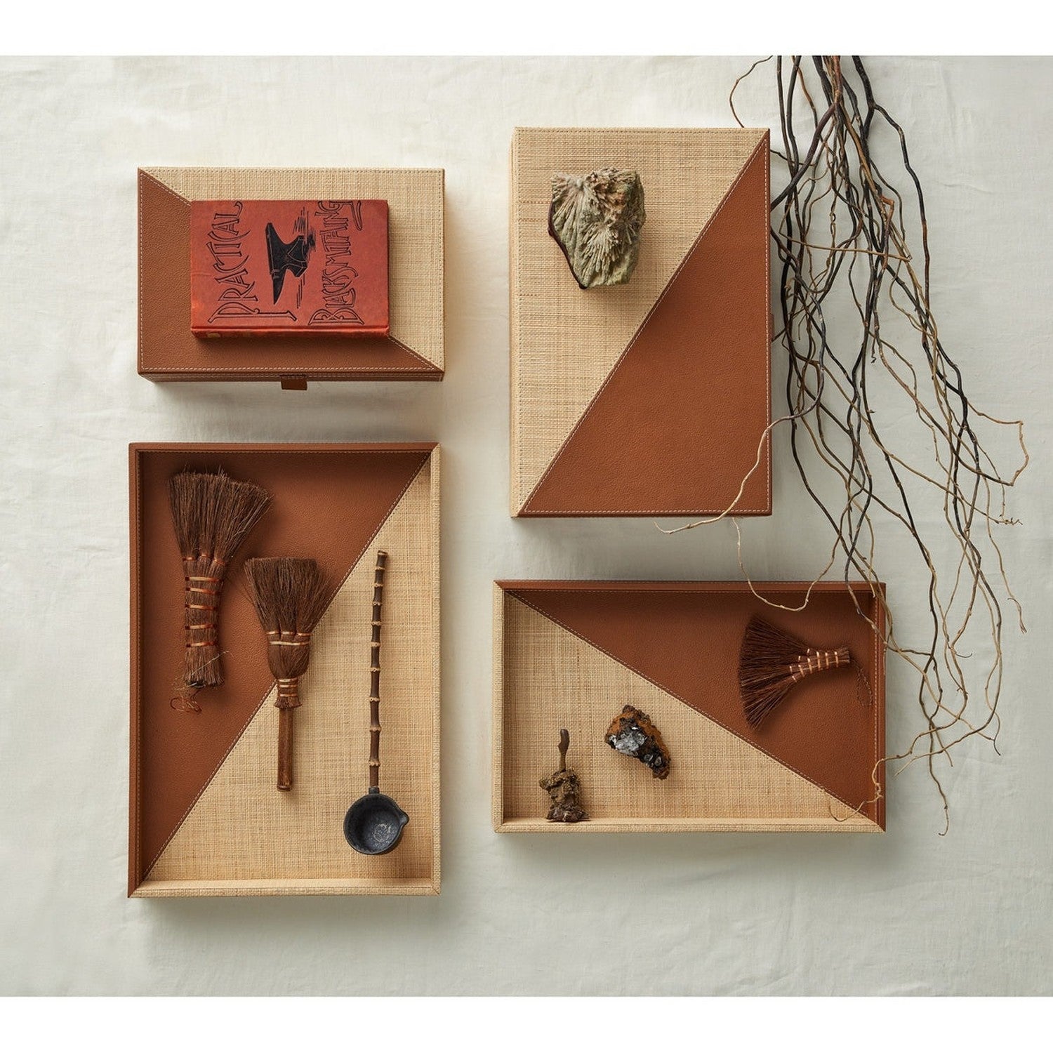 Currey and Company - 1200-1070 - Tray Set of 2 - Leather & Raffia - Brown/Natural