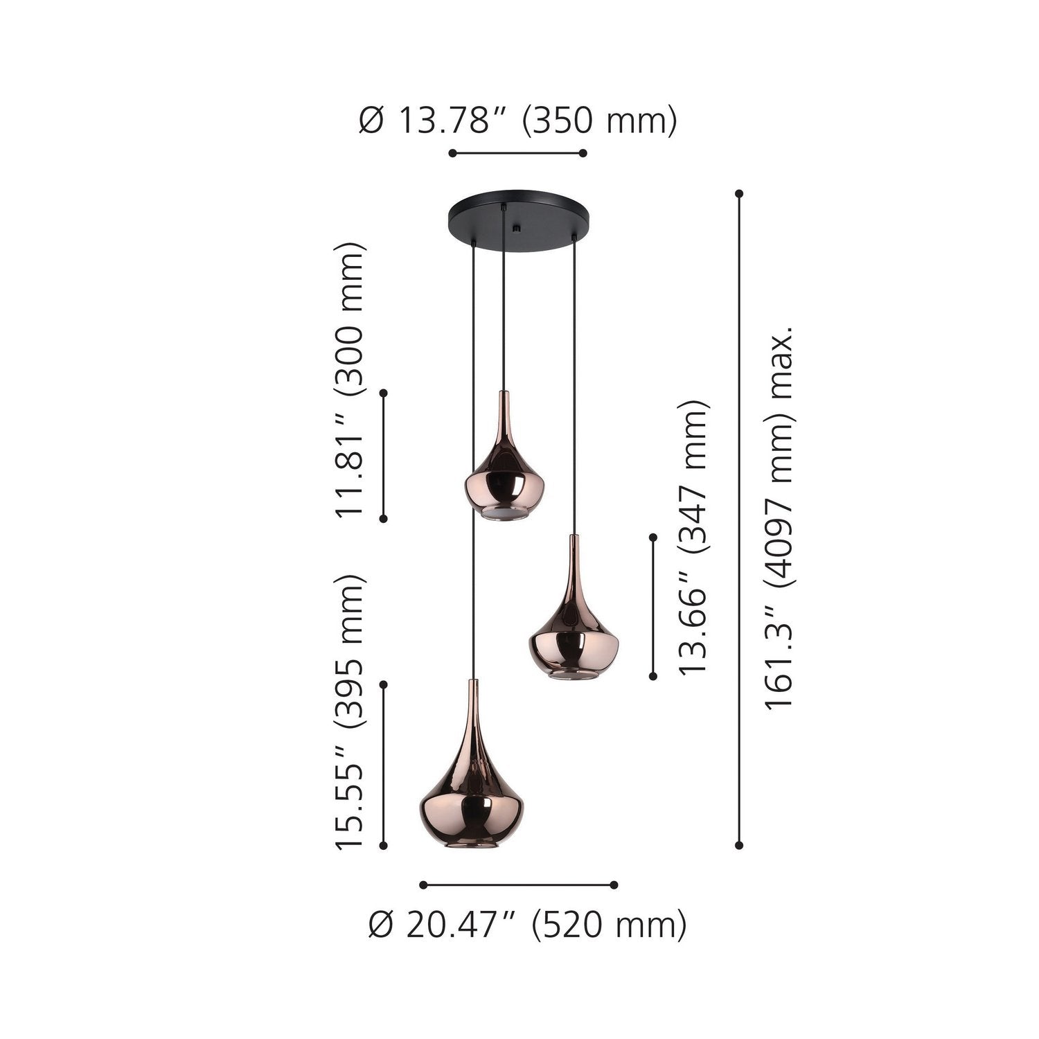 Eglo USA - 390439A - Three Light Pendant - Almoster - Black, Copper Smoked