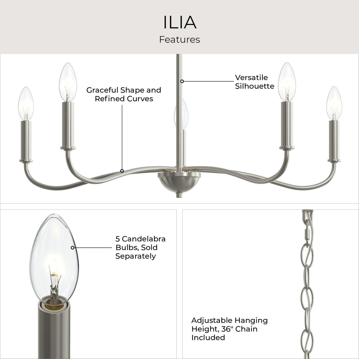 Progress Lighting - P400462-009 - Five Light Chandelier - Ilia - Brushed Nickel