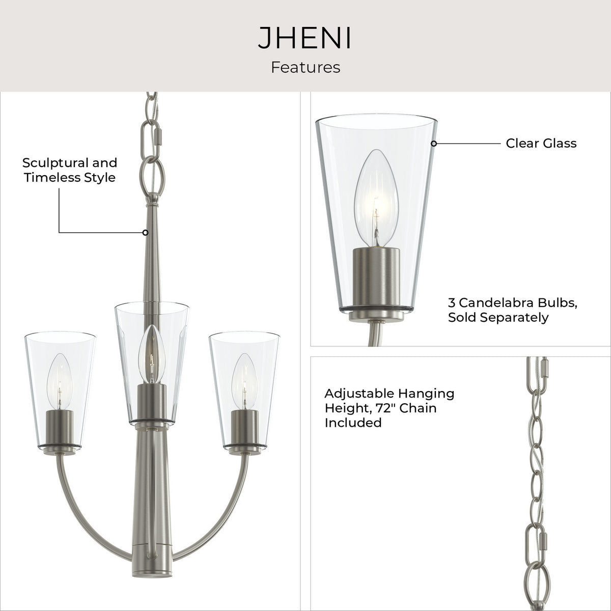 Progress Lighting - P400452-009 - Three Light Chandelier - Jheni - Brushed Nickel