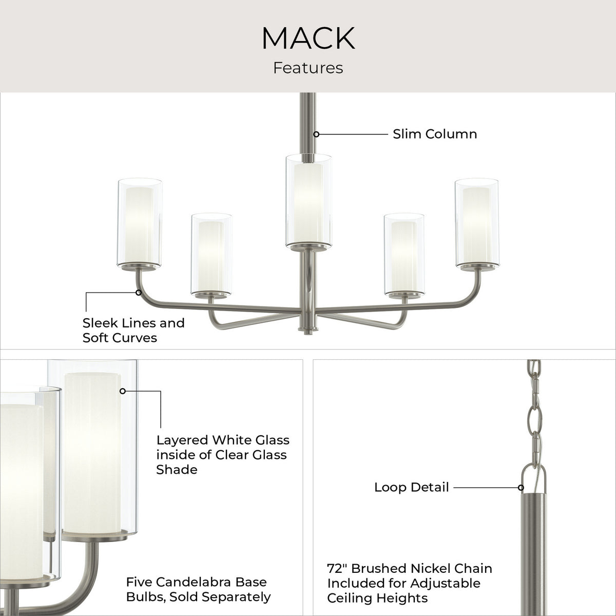 Progress Lighting - P400475-009 - Five Light Chandelier - Mack - Brushed Nickel