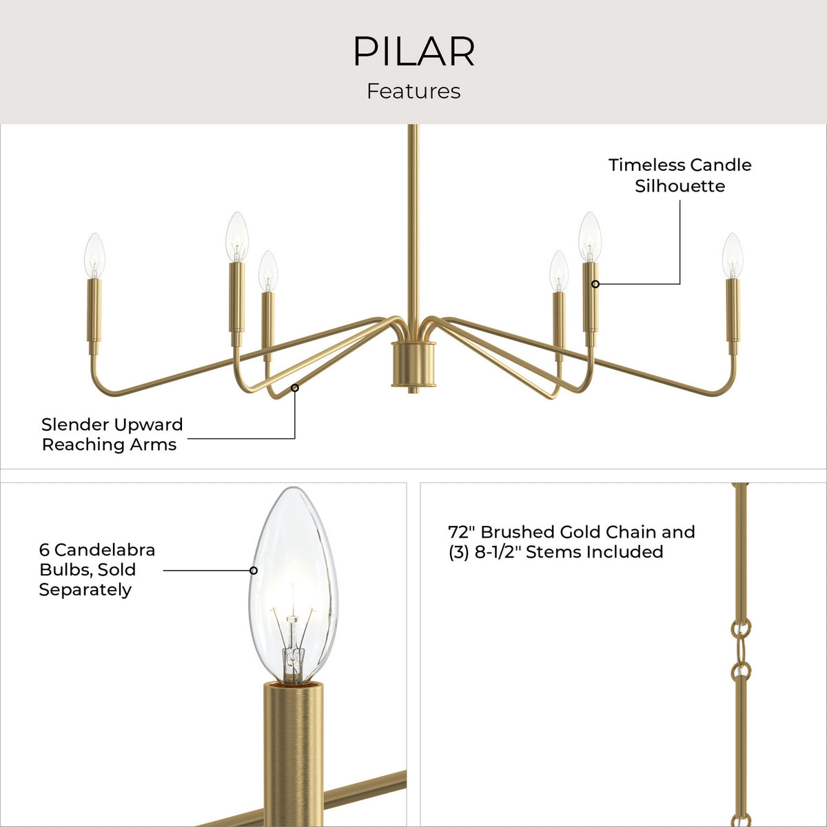 Progress Lighting - P400472-191 - Six Light Chandelier - Pilar - Brushed Gold