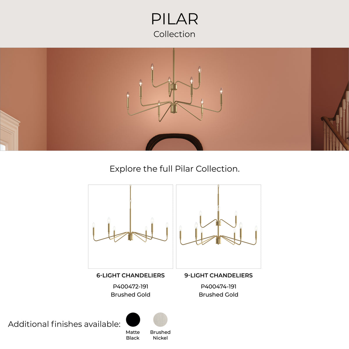 Progress Lighting - P400473-191 - Six Light Chandelier - Pilar - Brushed Gold