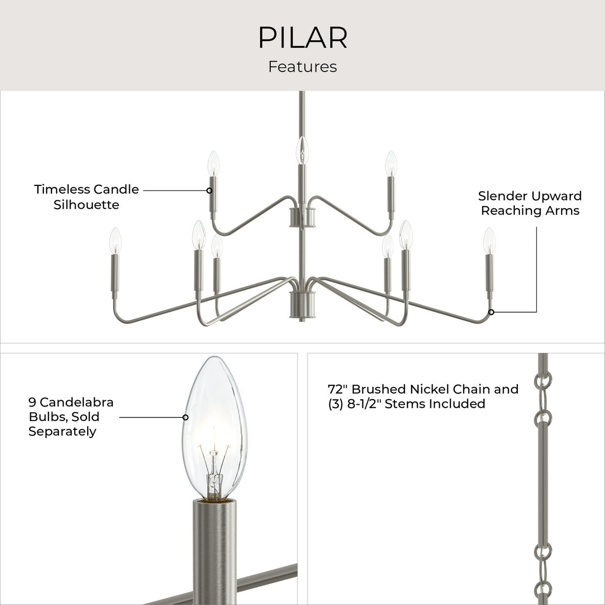 Progress Lighting - P400474-009 - Nine Light Chandelier - Pilar - Brushed Nickel