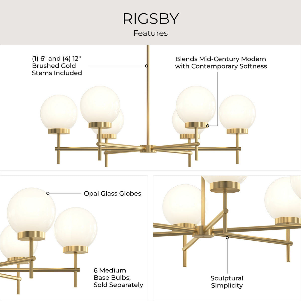 Progress Lighting - P400469-191 - Six Light Chandelier - Rigsby - Brushed Gold