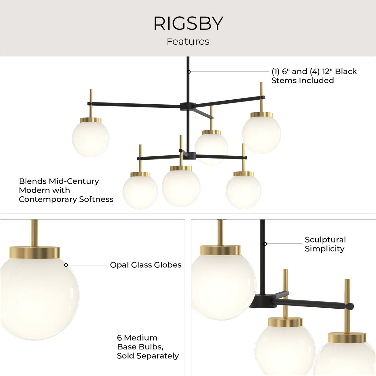 Progress Lighting - P400470-319 - Six Light Chandelier - Rigsby - Matte Black and Brushed Gold