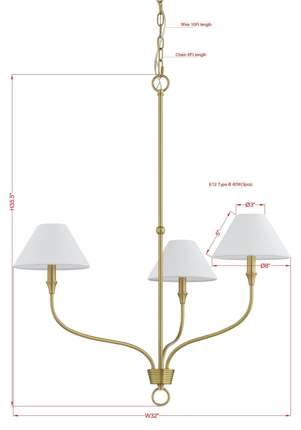 Forty West - 72673 - Three Light Chandelier - Jenner - Brass