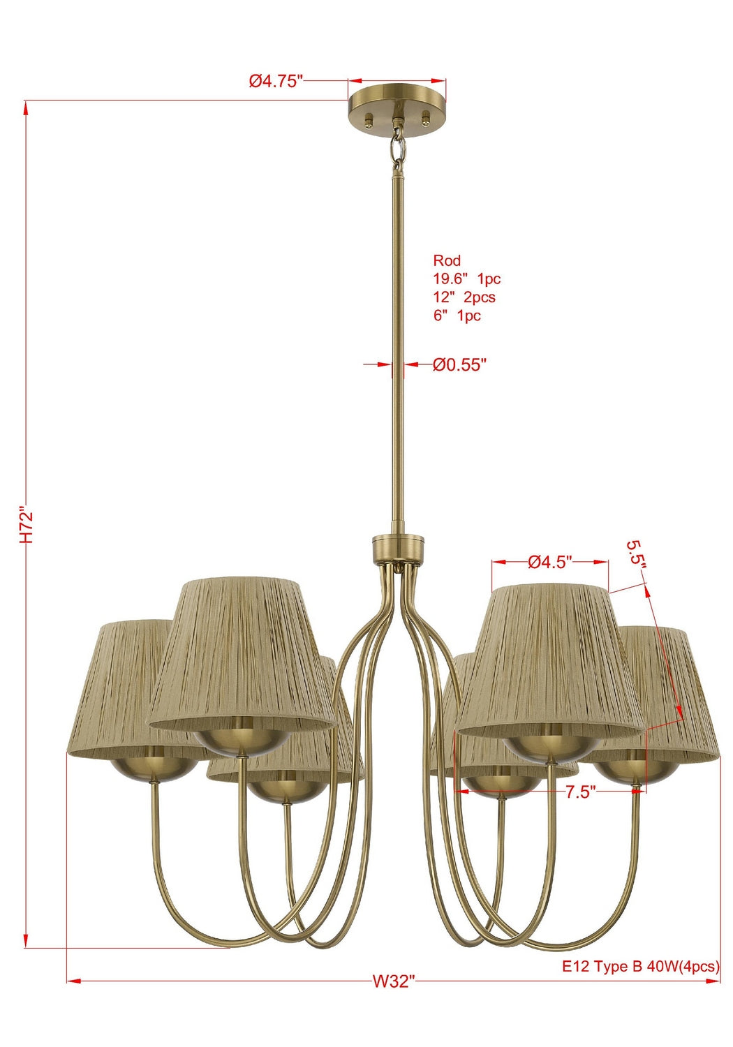 Forty West - 72674 - Six Light Chandelier - Wentworth - Antique Brushed Brass