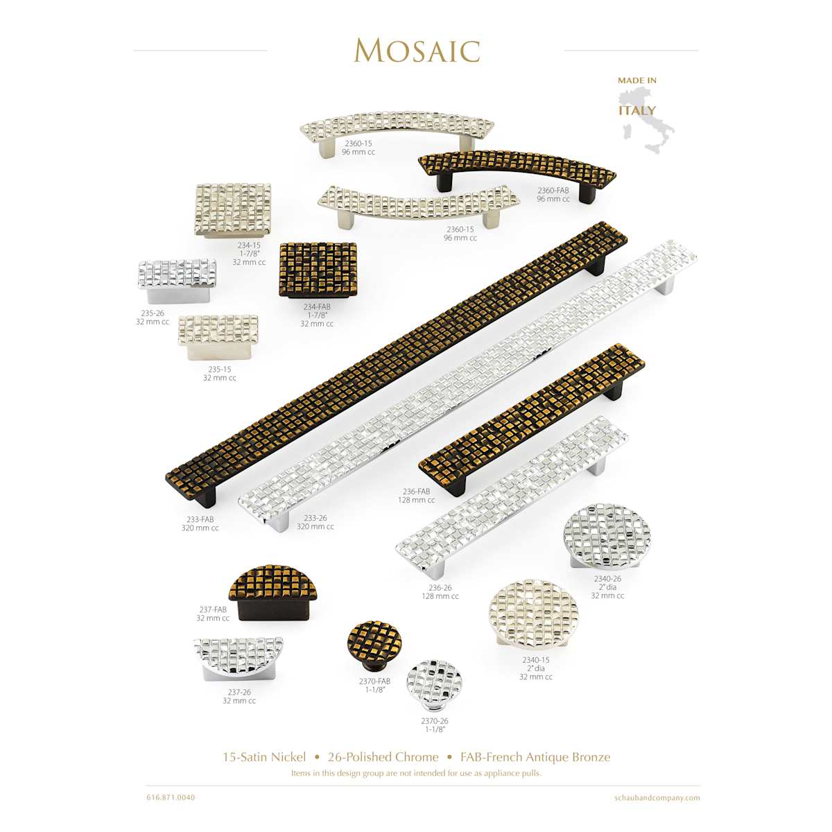 Schaub and Company - 234-15-25PACK - Mosaic 1-7/8" Luxury Designer Square Cabinet Knobs - 2 Pack5 - Made in Italy in Satin Nickel