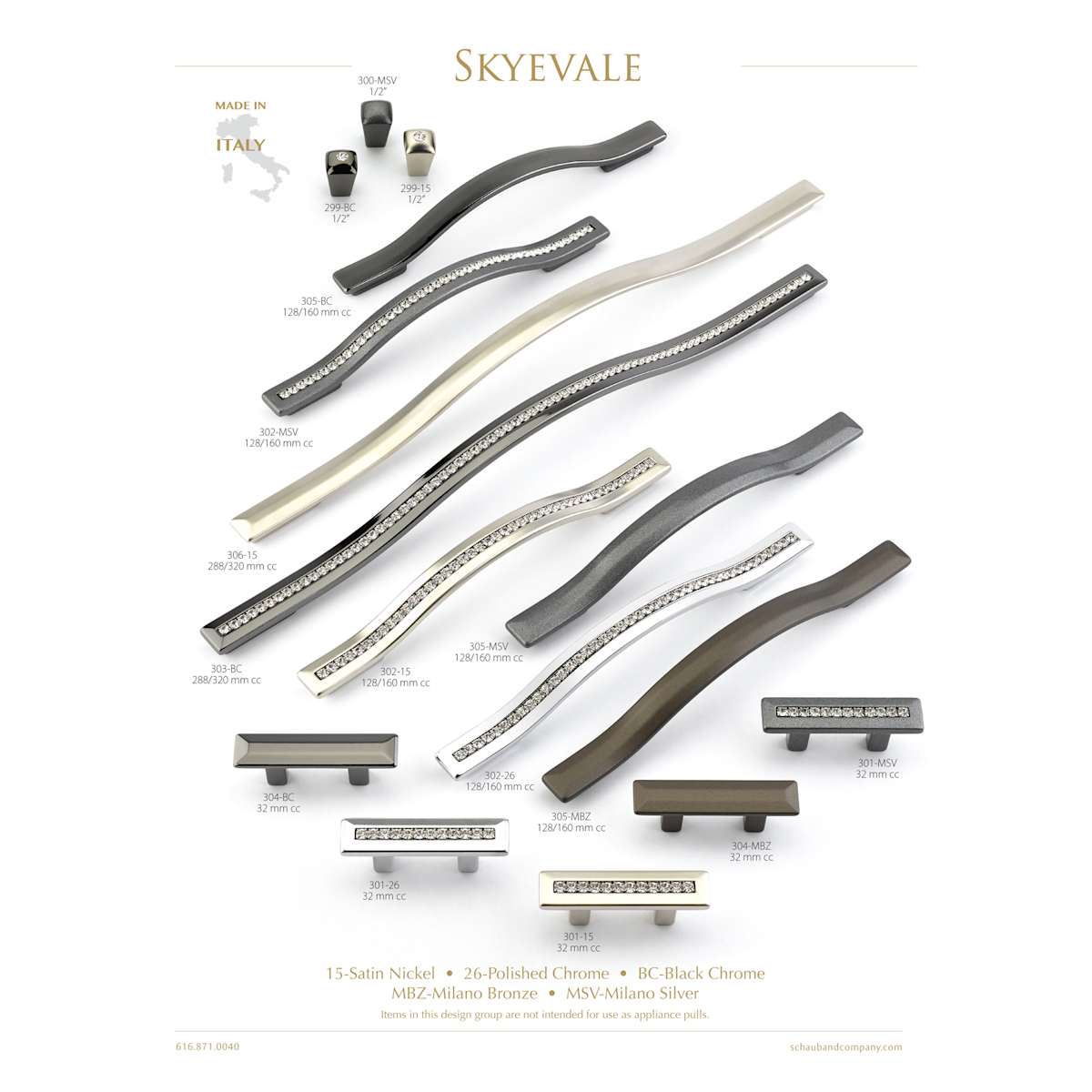 Schaub and Company - 303-SSB - Skyevale 12-5/8" Center to Center Luxury Designer Appliance Handle Pull with Crystal Accents - Made in Italy in Signature Satin Brass