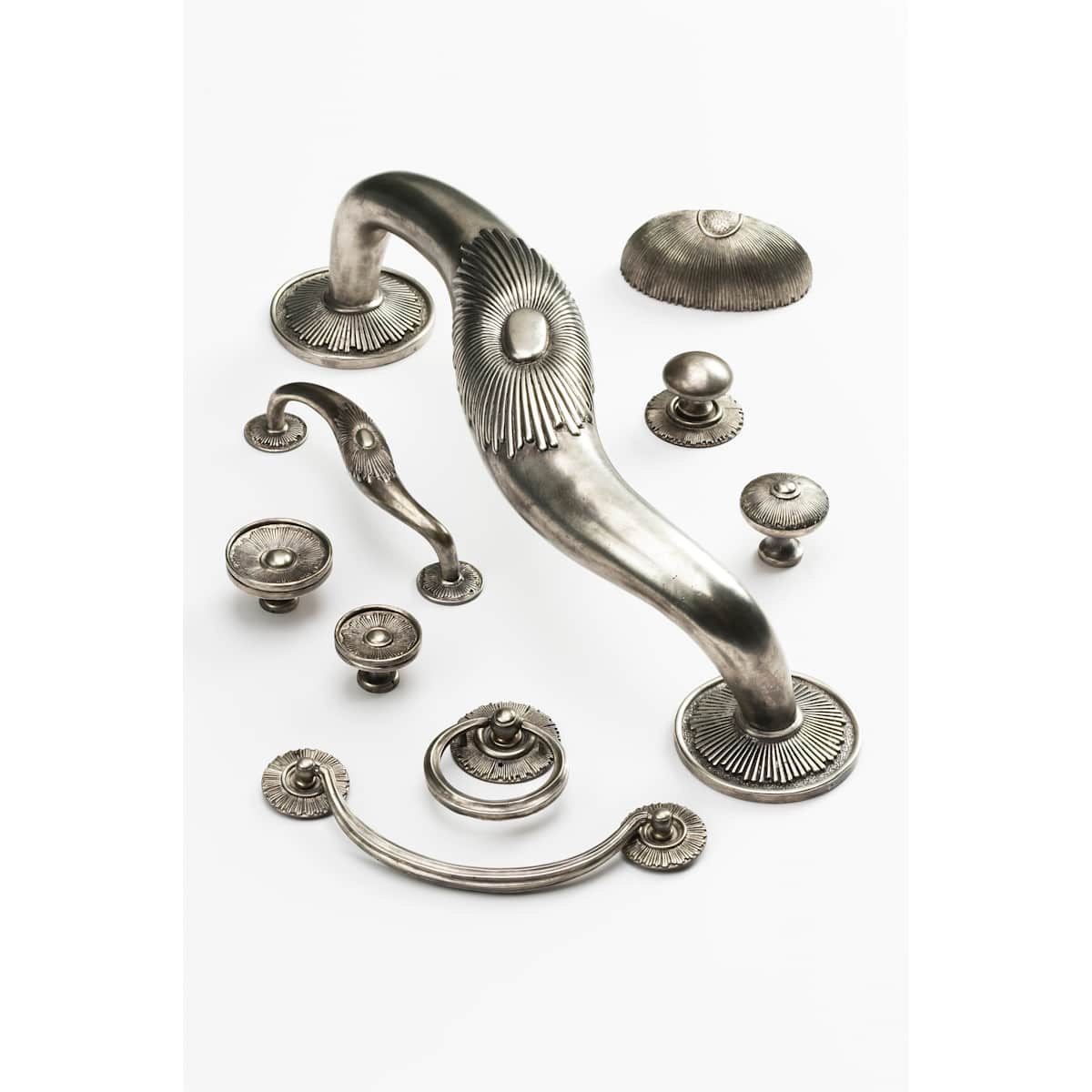 Schaub and Company - 972-SA - Symphony - Sunburst 1-3/8" Decorative Solid Brass Hand Crafted Round Flat Cabinet / Drawer Knob in Silver Antique