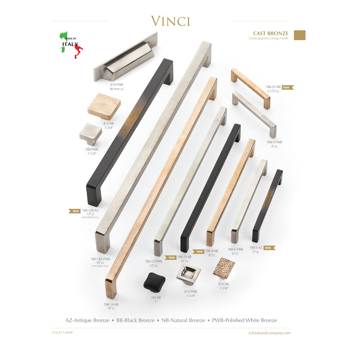 Schaub and Company - 814-PWB - Vinci 1-1/4" Luxury Rustic Modern Cast Bronze Rectangular Cabinet Knob - Made in Italy in Polished White Bronze