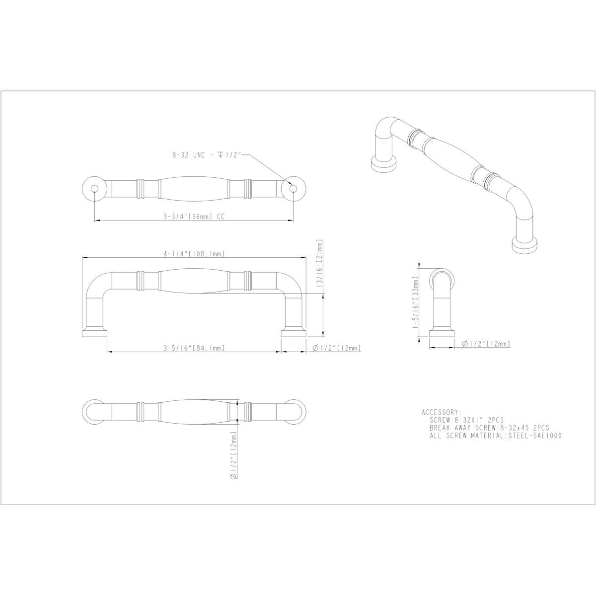 Jeffrey Alexander - Z290-96-PC - Durham 3-3/4" Center to Center Traditional Knuckled Barrel Cabinet Handle / Drawer Pull in Polished Chrome